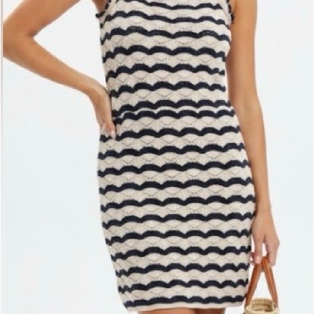 Heartloom Anthropologie Navy & Cream Color Knit Summer Midi Dress, size m